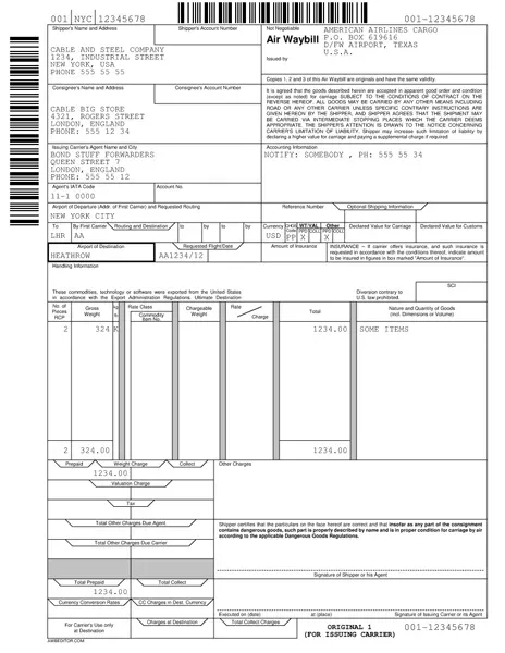Airway bill of lading AWB example
